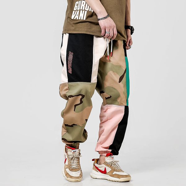 

2019 summer japanese oversized camo harem pants men splice fashion classic joggers hip hop multi colors homme cargo pants pocket, Black