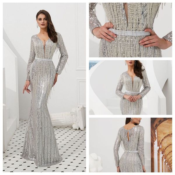 

mf024 super luxury silver prom dresses deep v-neck long sleeve party dress with major beading elegant evening dresses with sash, Black;red