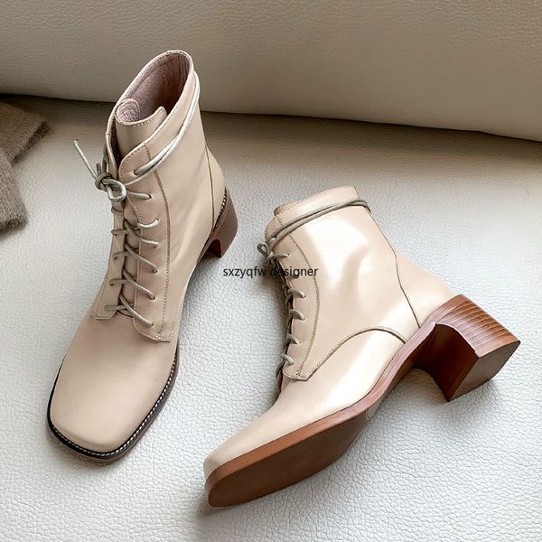 

leather beige khaki color women ankle boots fashion mortorcycle boots lace-up bota feminina leather botas mujer punk, Black