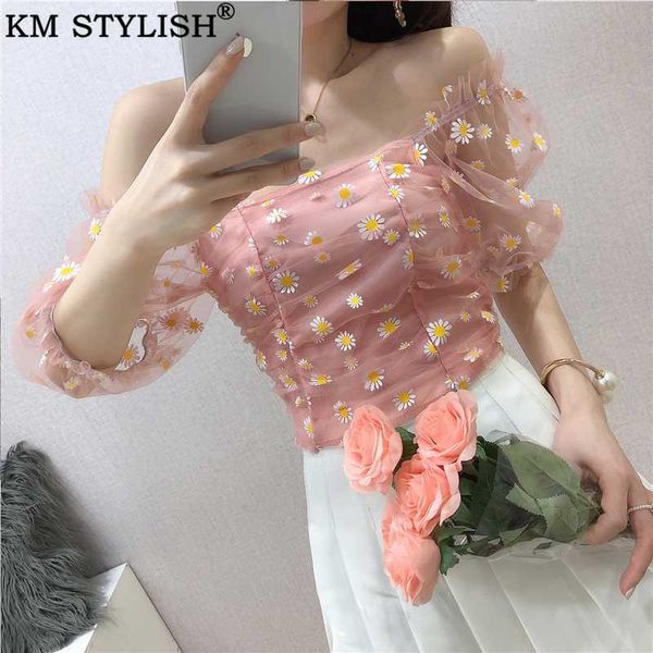 

women's blouses & shirts summer 2021 sweet pink daisy mesh shirt white color fresh puff sleeves square collar black clothings