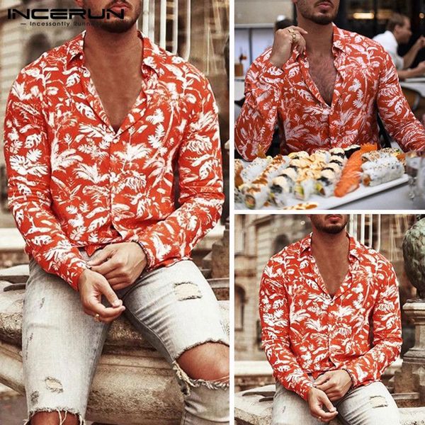 

incerun vacation tree printed men long sleeve casual lapel beach shirt tropical hawaiian stylish button mens blouse camisas, White;black