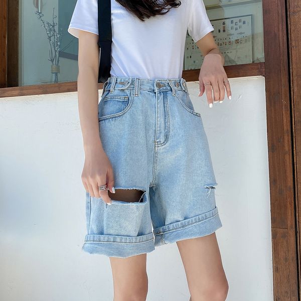 

knee length pants new arrival hole denim shorts of 2020 summer high waisted jeans, Blue