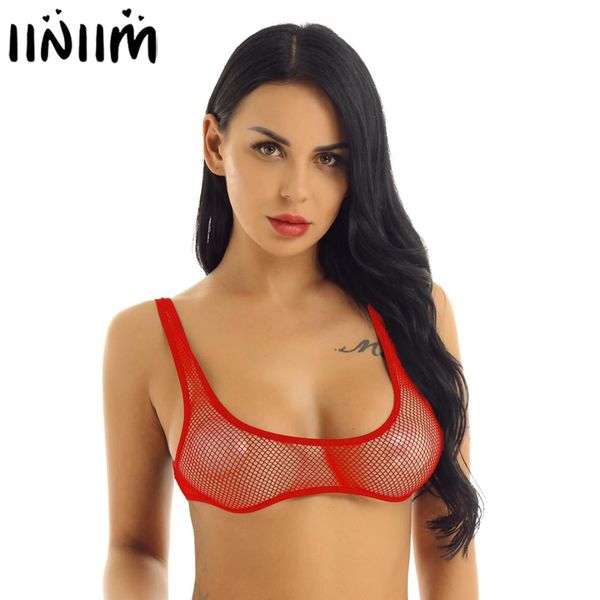

womens lingerie exotic bra sissy femme underwear see through fishnet hollow out wide shoulder straps u-neckline vest crop top, Red;black
