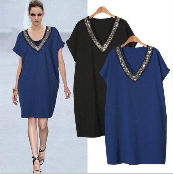 

supply summer fertilizer to increase size women's v-neck beaded sequined dress fat mm bat sleeve loose dress, Black;gray