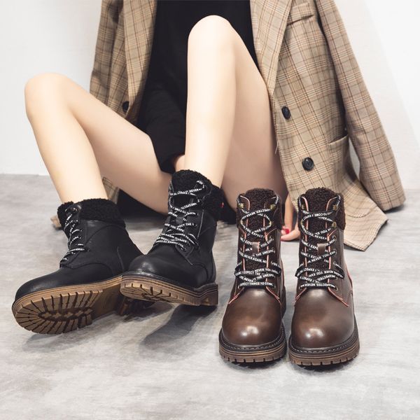 

lady boots leather booties women's rubber shoes rain luxury designer lace up boots-women winter footwear round toe ladies, Black