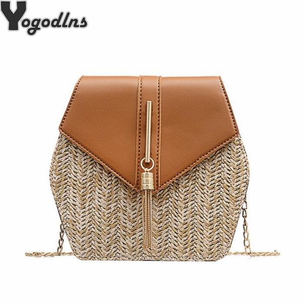 

chic шестигранной солома женщина сумки женской цепей плечо сумка ручной работа пляж crossbody сумка женская кисточка сумка kniting tote коше