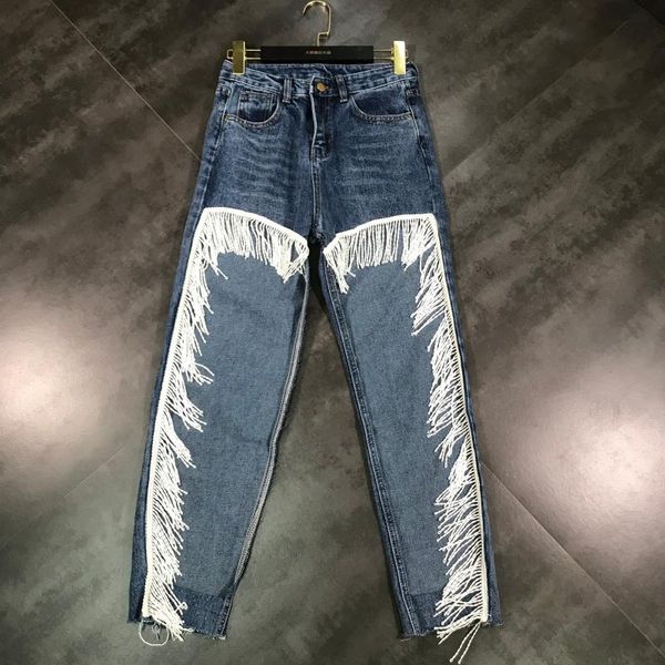 

2019 summer new tassel wool front leaking leg design beam pants fashion jeans pants, Blue