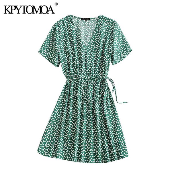 

kpytomoa women 2020 chic fashion floral print pleated mini dress vintage v neck short sleeve side bow tied female dresses mujer, Black;gray