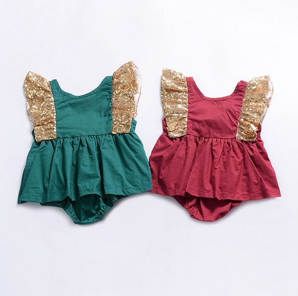 

baby girls clothes sequin bow kids romper dresses flying sleeve toddler jumpsuits girl climbing clothes summer boutique clothing dhw2307, Blue