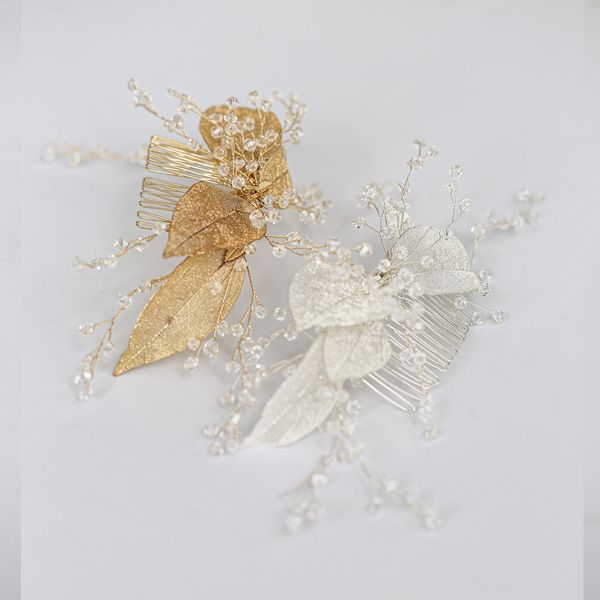 

2 colors woman long crystal brides hair combs leaves hair sticks wedding accessories, Golden;white