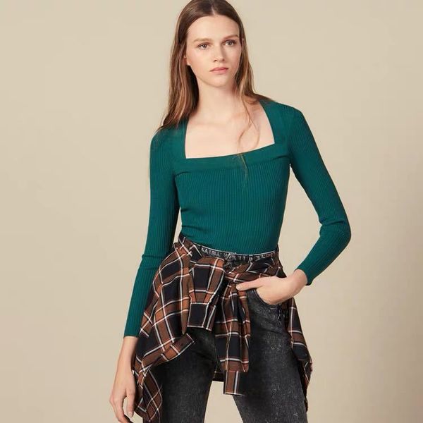 

2019 early autumn new long-sleeved solid color square collar stretch knit shirt women's clothing, White;black