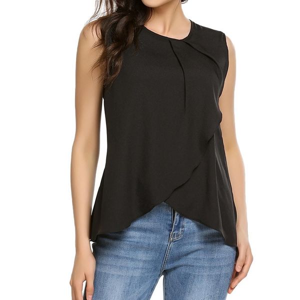 

summer women's irregular placket sleeveless round neck temperament top, White