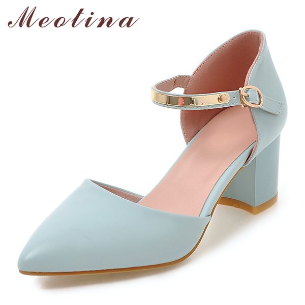 

meotina women pumps high heels lady shoes ankle strap pointed toe shoes thick heel female pumps 2018 autumn big size 33-43 blue, Black