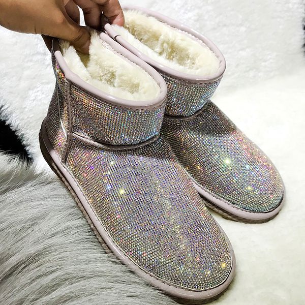 

rhinestones botas mujer 2019 crystals warm shoes women snow boots brand wool and fur bota feminina ladies footware ankle boots, Black