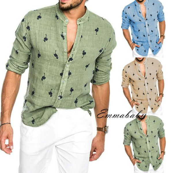 

new fashion 2019 men's cotton linen long sleeve shirt male print stand collar loose casual shirts plus size, White;black