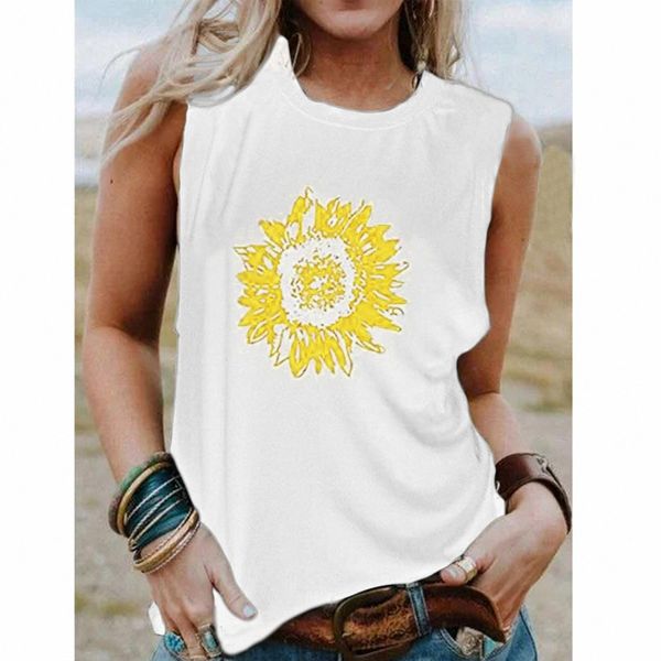 

new women's sunflower printed round neck loose casual sleeveless vest, White