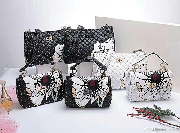 

2019 big flower genuine sheep skin leather high fashion handbag diamond lattice metall stud rivet cross body full start ol ladies party 24cm