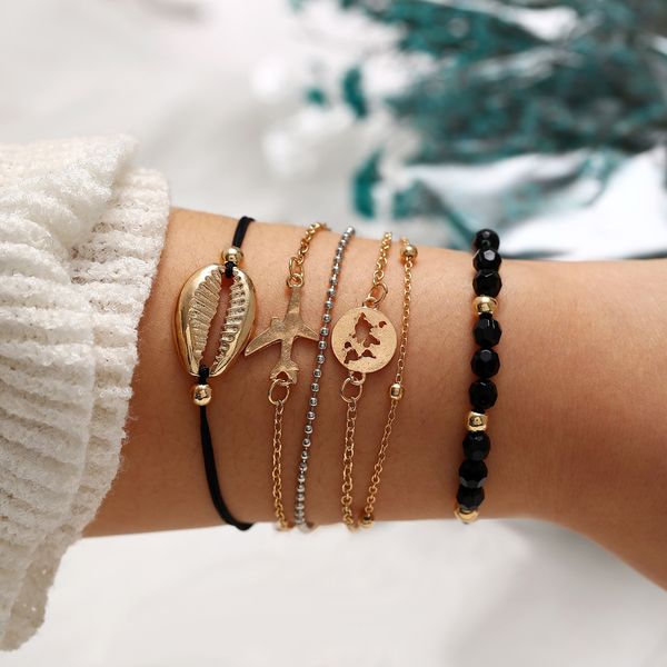 

6pcs/set bohemian shell map airplane charm beaded bracelets for women black rope gold chain bracelet bangle jewelry