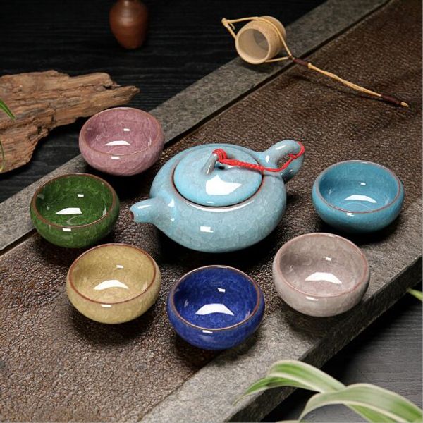 

colorful ice to crack tea cup sets ice crack glaze teacup porrtery teaset 1 tea pot & 6 tea cups chinese kung fu teapot set