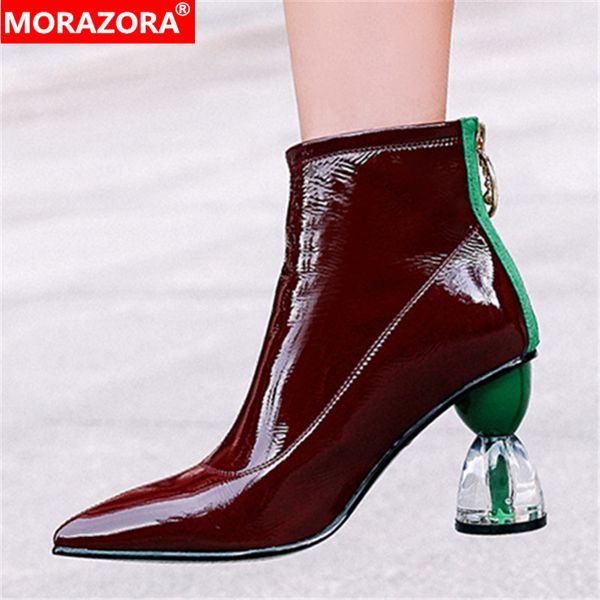 

morazora 2020 new fashion high heels party shoes women ankle boots patent leather autumn boots zip unique short woman, Black
