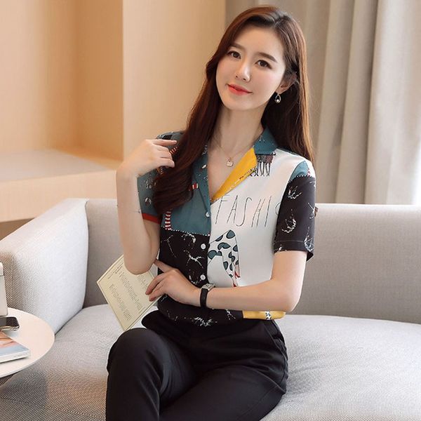 

summer 2020 women blouses geometric pattern short sleeve solid shirt feminina chiffon shirt, White