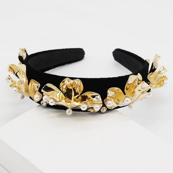 

new fashion baroque style pearl inlaid alloy flower black velvet women headbands hair jewelry accessories vintage headpiece, Golden;white