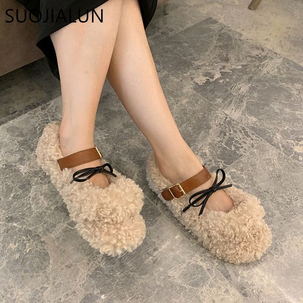 

suojialun brand designer women fur flat shoes lambswool warm flats shoes slip on round toe casual loafers, Black