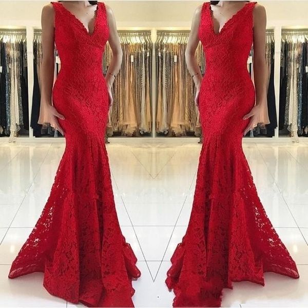 

2019 new red mermaid evening dresses sleeveless v-neck full lace sweep train plus size custom made simple prom party gowns elegant, Black;red