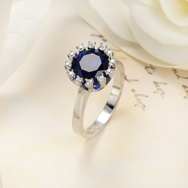 

12pcs christmas gifts round london blue setting prong zirconia crystal gemstone russia 925 sterling silver plated lady rings, Golden;silver