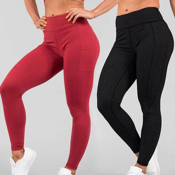 

women high waisted yoga pants solid color sports trouser crop leggings with pockets xr-hot, White;red