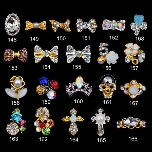 

10pcs/lot nail art jewelry butterfly bow flower skull heart nail art gems diy 3d decoration charms rhinestones o148-168, Silver;gold