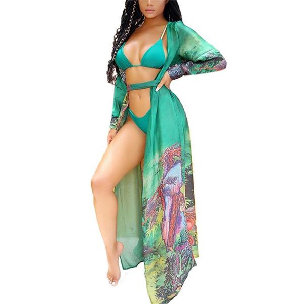 

women long beach dress long sleeve swimwear chiffon cardigan kaftan bikini cover up print bathing suit cover up sundress, Blue;gray