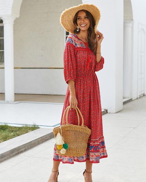 

women's clothing casual dresses original design bohemia floral dress new spring and summer 2020 amazon independent station sale, Black;gray