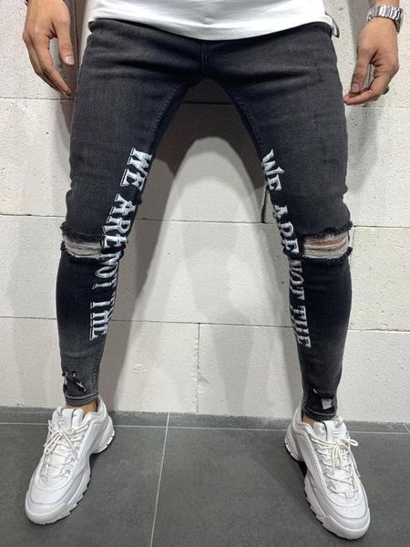 

black grinding words patched distressed slim fit jeans pants, Blue