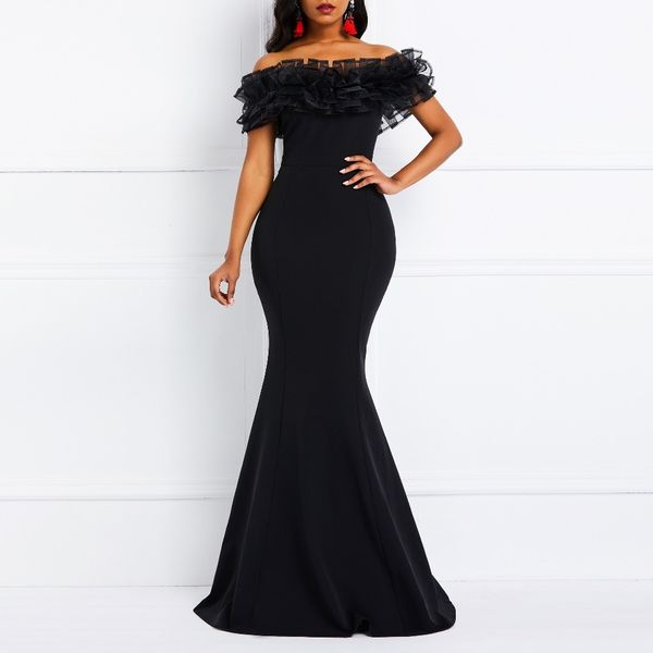 

women black maxi dress 2019 summer off shoulder mermaid dress robe porm trumpet party dinner night christmas african dress, Black;pink