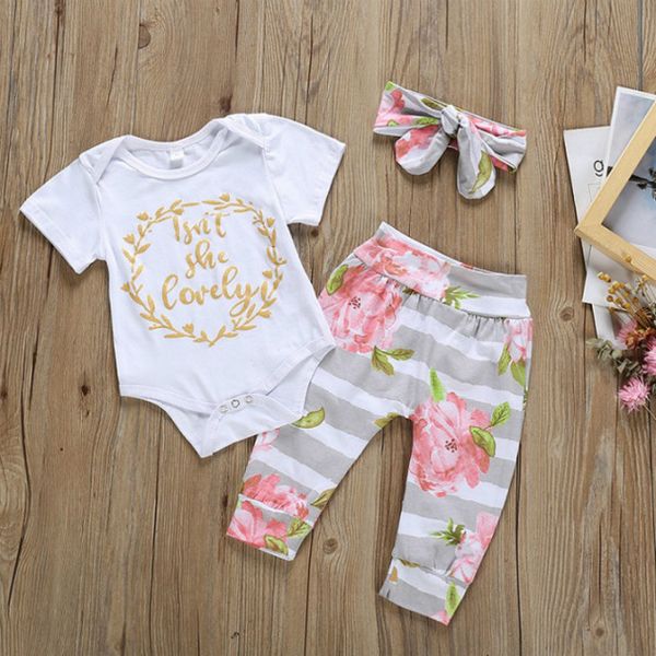 

baby girl romper clothing suits new born kids designer three pieces two brand print romper + pants baby summer casual clothing sets sale, White