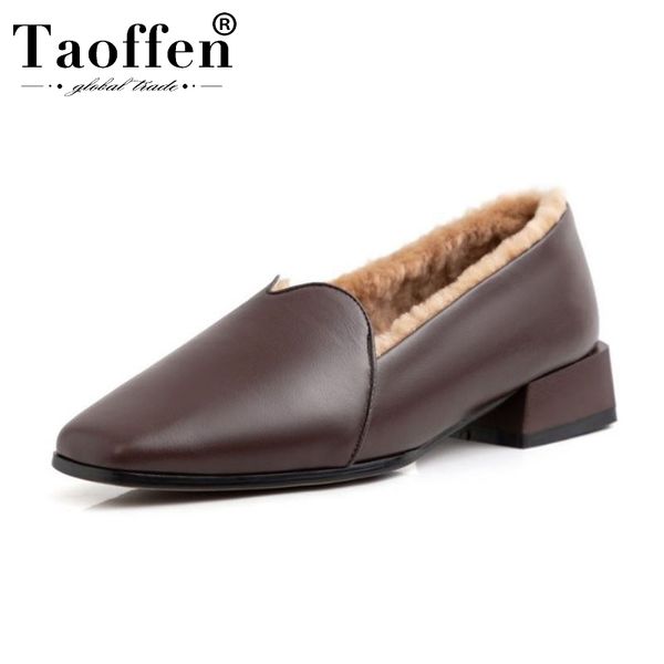

taoffen women genuine leather plush fur pumps square toe winter warm snow boots simple retro party pumps footwear size 34-39, Black