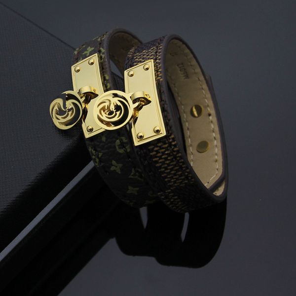 

genuine leather bracelets with gold letter accessories design for women 316l titanium steel flower print bracelet brand same fashion jewelry, Black
