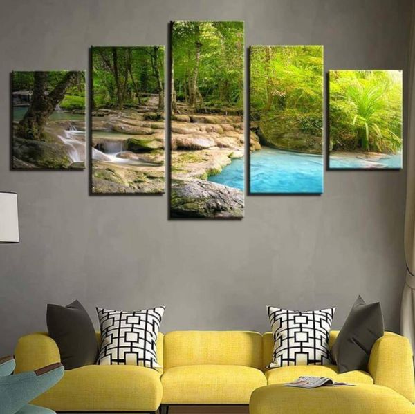 

unframed 5 panel green waterfall landscape wall art oil painting on canvas printed painting decor painting large living room