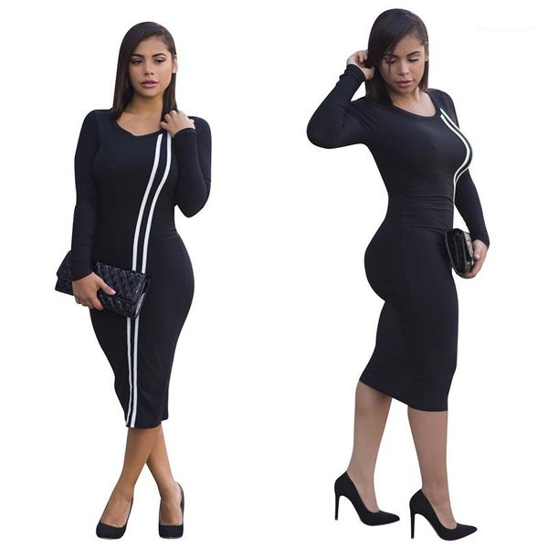 

striped long sleeeve crew neck bodycon dress females casual dress slim solid color ladies dress designer, Black;gray