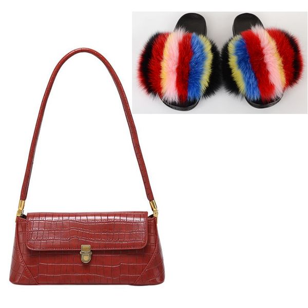 

women pu handbag rainbow fur slippers fashion casual fluffy plush fur slides ladies colorful beach flip flops hot, Black