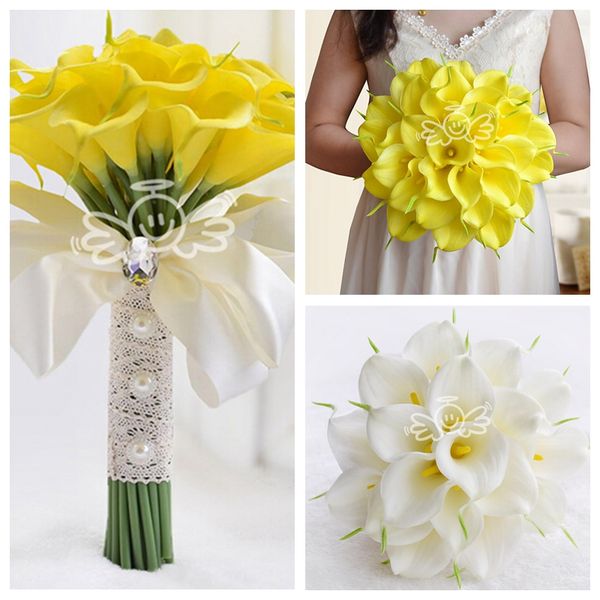 

30pcs calla lily flowers bridal wedding bouquets formal bridesmaid garden church beach wedding party white yellow lace home decoration