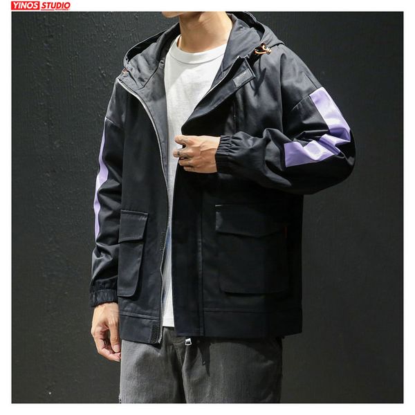

dropshipping male streetwear fashion hoodies overalls japanese outdoor pocket jacket 2019 autumn patchwork sport coats, Black;brown