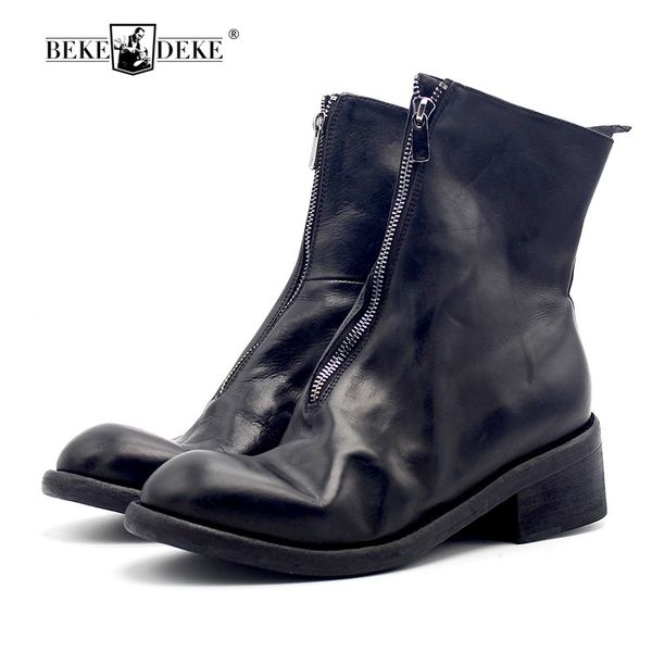 

100% genuine leather masculine boot classic thick bottom zipper retro winter boots for men luxury mens shoes 5cm, Black