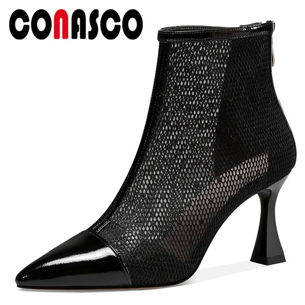 

conasco women cow patent leather summer ankle boots fashion breathable polka dot mesh pointed toe back zipper boots woman, Black
