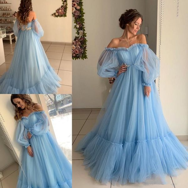 

2019 light sky blue pink tull prom dresses with poet long sleeve elegant off shoulders pleats ruffles formal party long evening gowns, Black