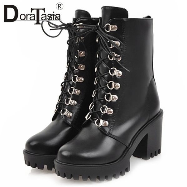 

doratasia new big size 33-44 fashion decorating booties lady ankle platform boots women 2019 lace up high wide heels shoes woman, Black
