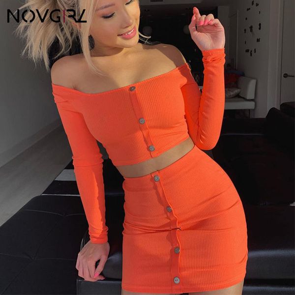

orange knitted off shoulder 2 piece set women spring summer button skinny slash neck crop mini skirts elastic, White
