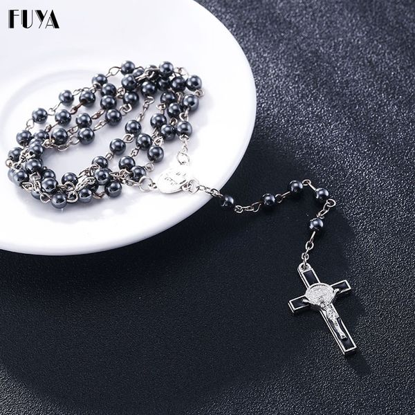 

6mm hematite rosaries beads long chain necklaces men women prayer rosary catholic c jesus christ cross pendant jewelry, Silver
