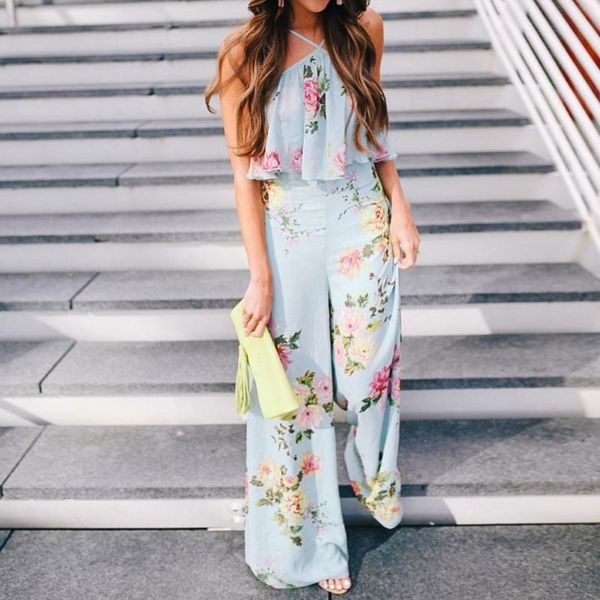 

summer ruffle halter rompers women bohemian floral printed sleeveless jumpsuit backless long wide leg trousers #lr4, Black;white